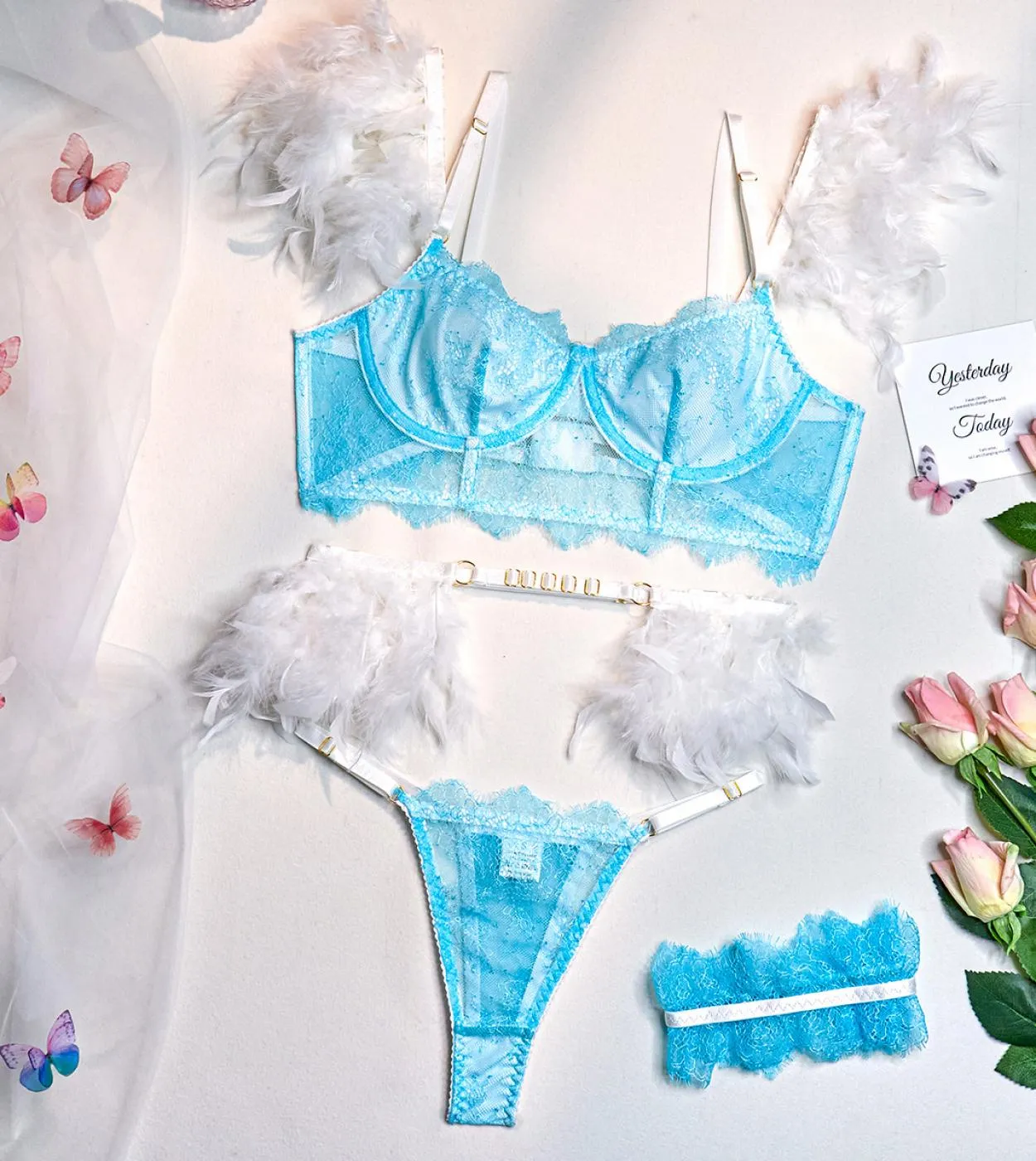 Set da 3 pezzi da donna Set di biancheria da donna Set di reggiseno e slip da donna di lusso in piuma
