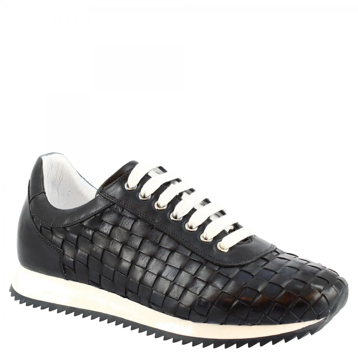 Sneakers casual da uomo fatte a mano in pelle intrecciata blu