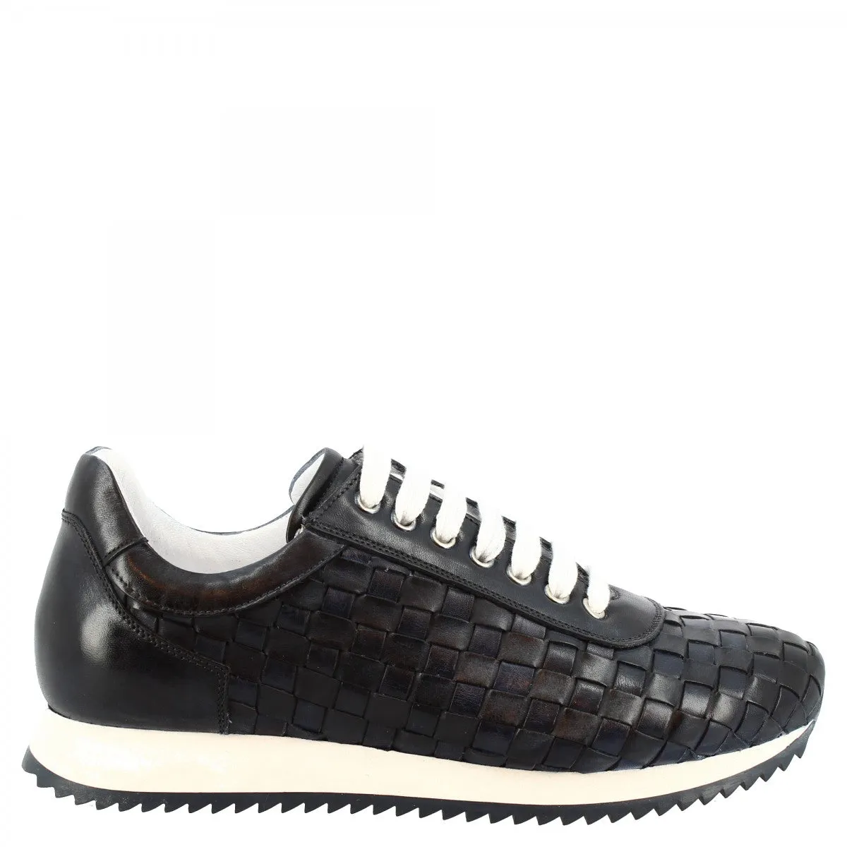 Sneakers casual da uomo fatte a mano in pelle intrecciata blu