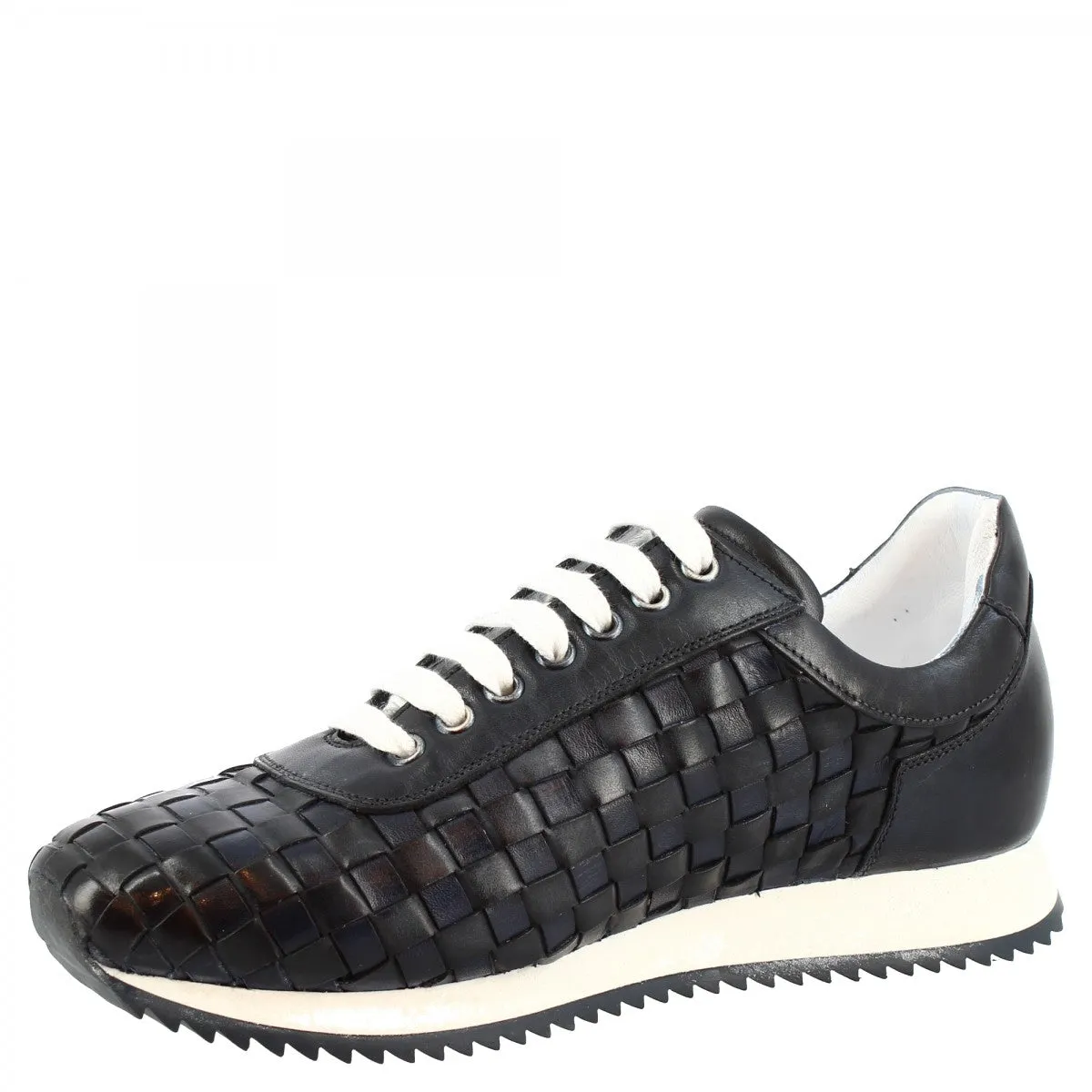Sneakers casual da uomo fatte a mano in pelle intrecciata blu
