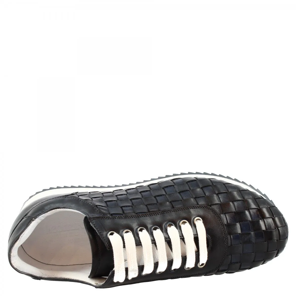 Sneakers casual da uomo fatte a mano in pelle intrecciata blu