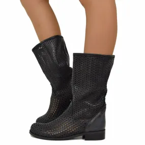 Stivali Donna Estivi Traforati Neri con Tacco Basso Made in Italy