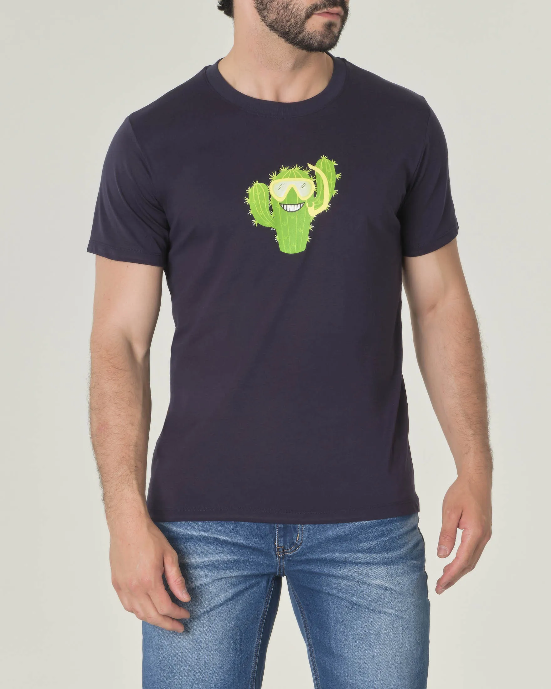 T-shirt blu mezza manica in jersey di cotone con stampa cactus