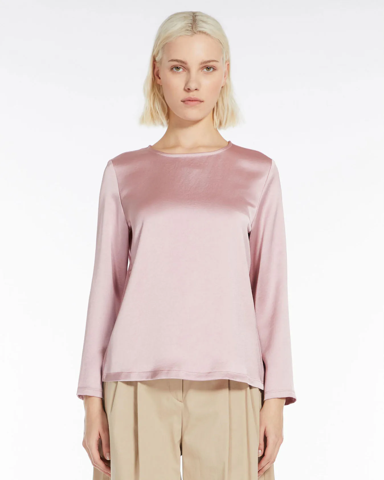 T-shirt girocollo rosa con davanti e maniche lunghe in raso