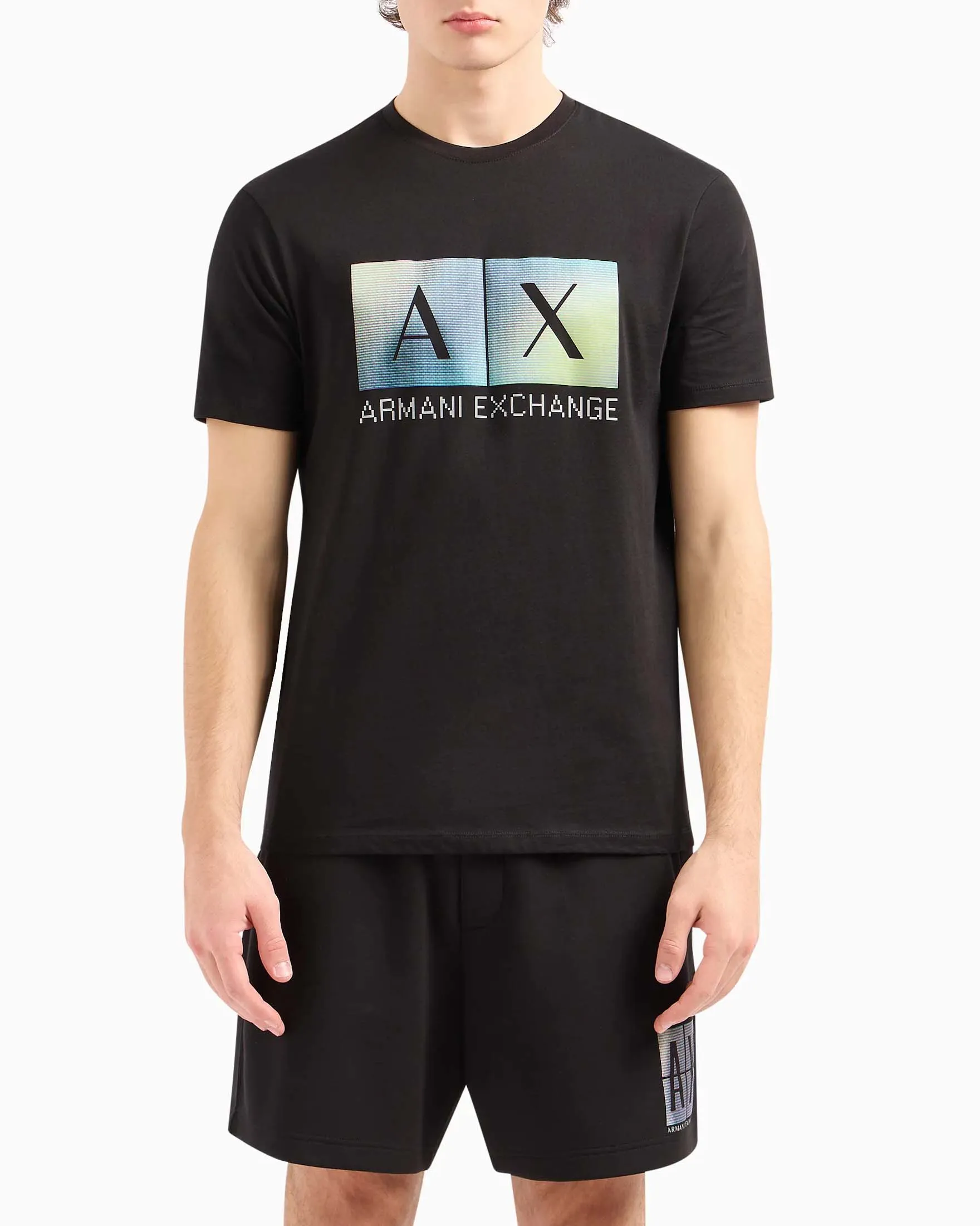 T-shirt nera in puro cotone con stampa maxi logo metallizzata effetto cangiante