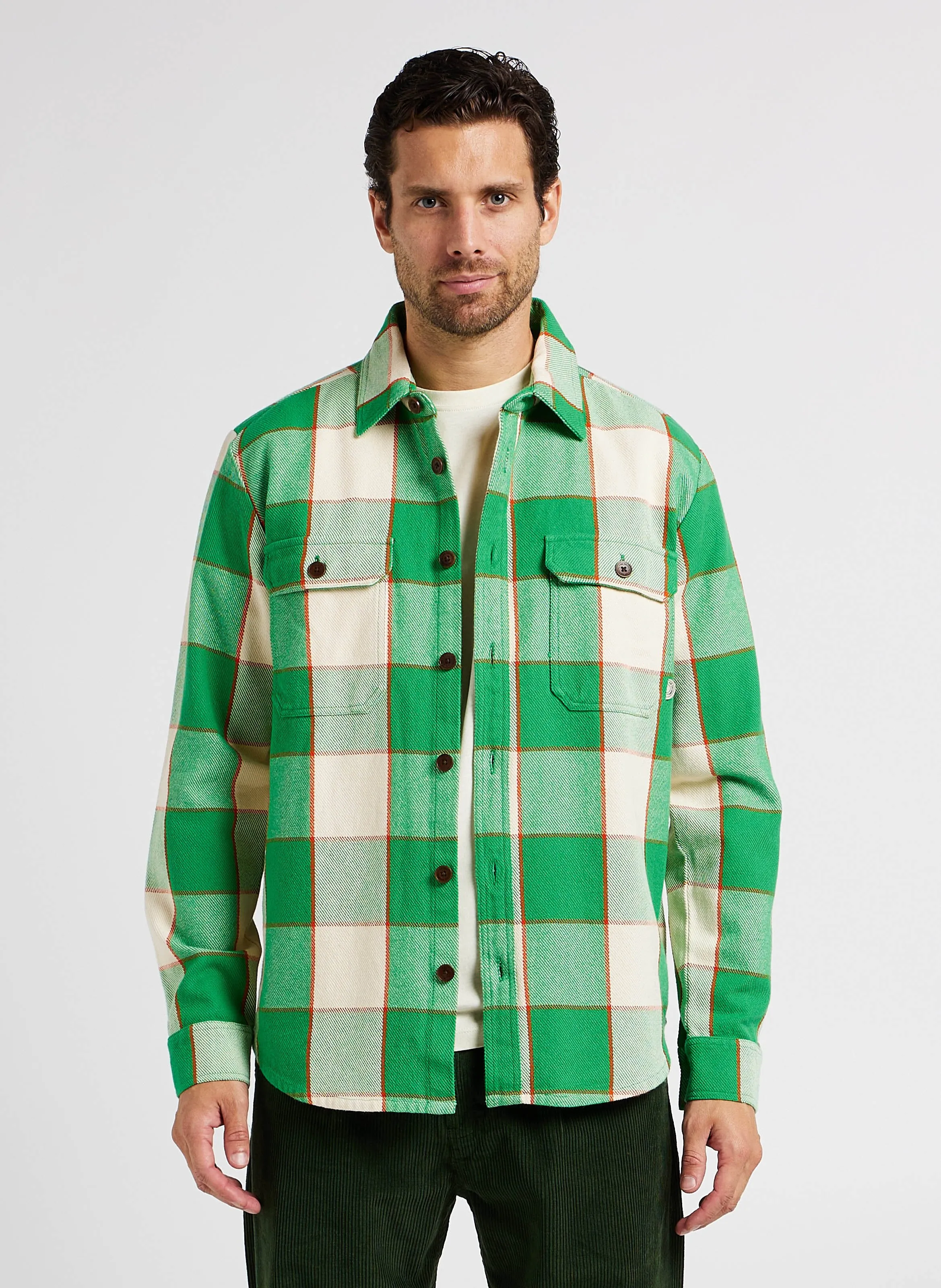  THINKING MU   LUCAS - Overshirt dritta con collo classico in cotone biologico | Verde