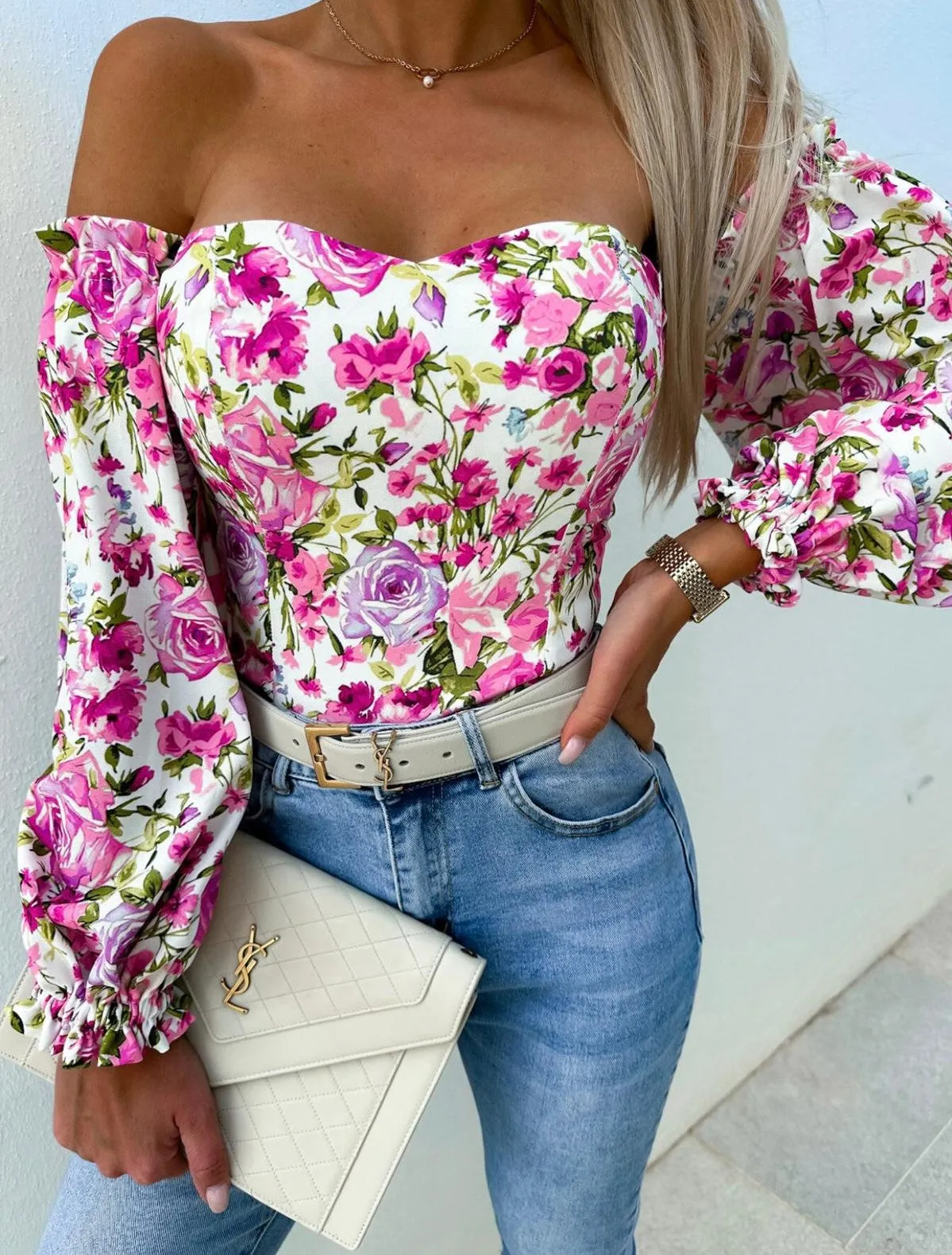 Top Donna Scollo Cuore Manica Sbuffo Fantasia Floreale Elegante Casual