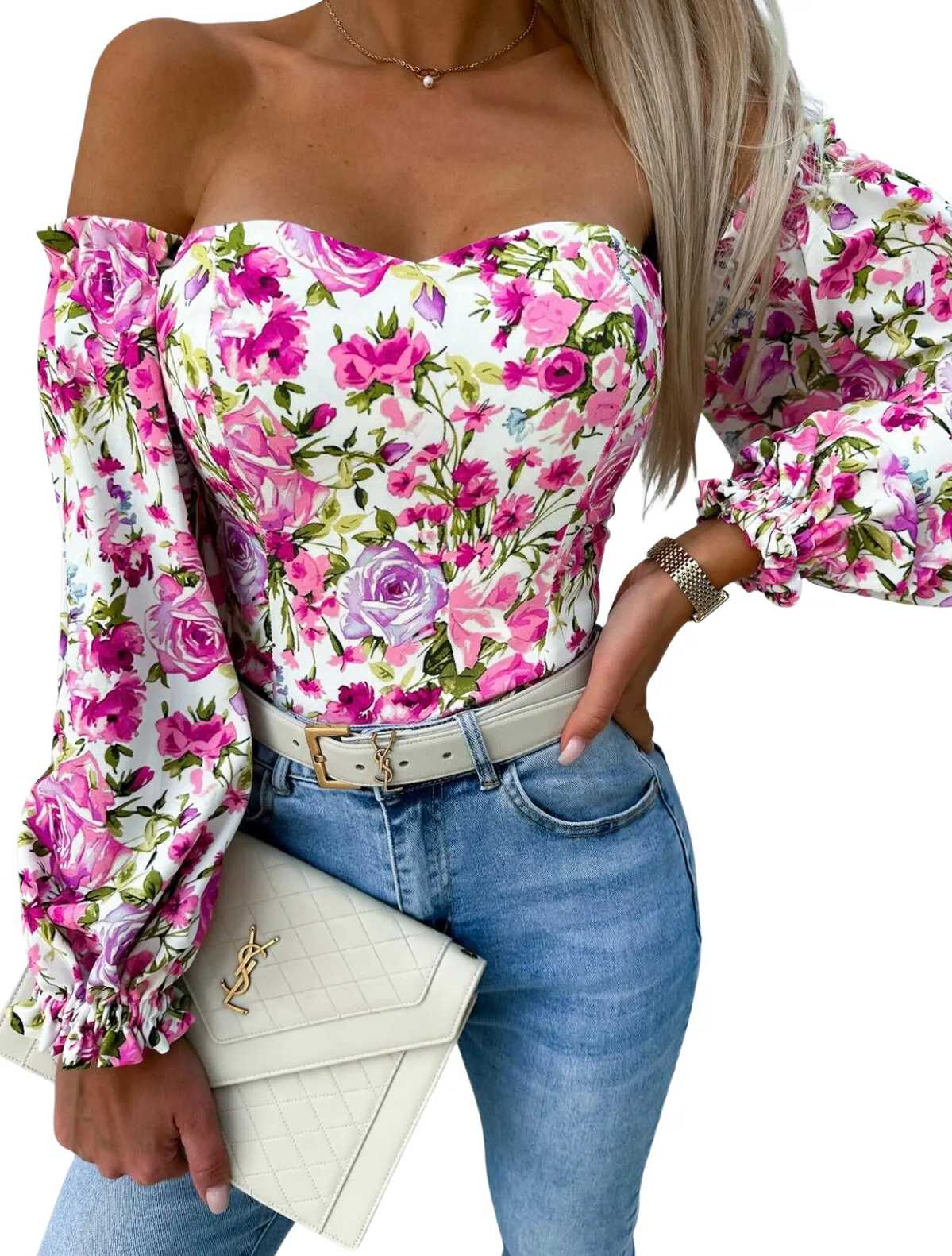 Top Donna Scollo Cuore Manica Sbuffo Fantasia Floreale Elegante Casual