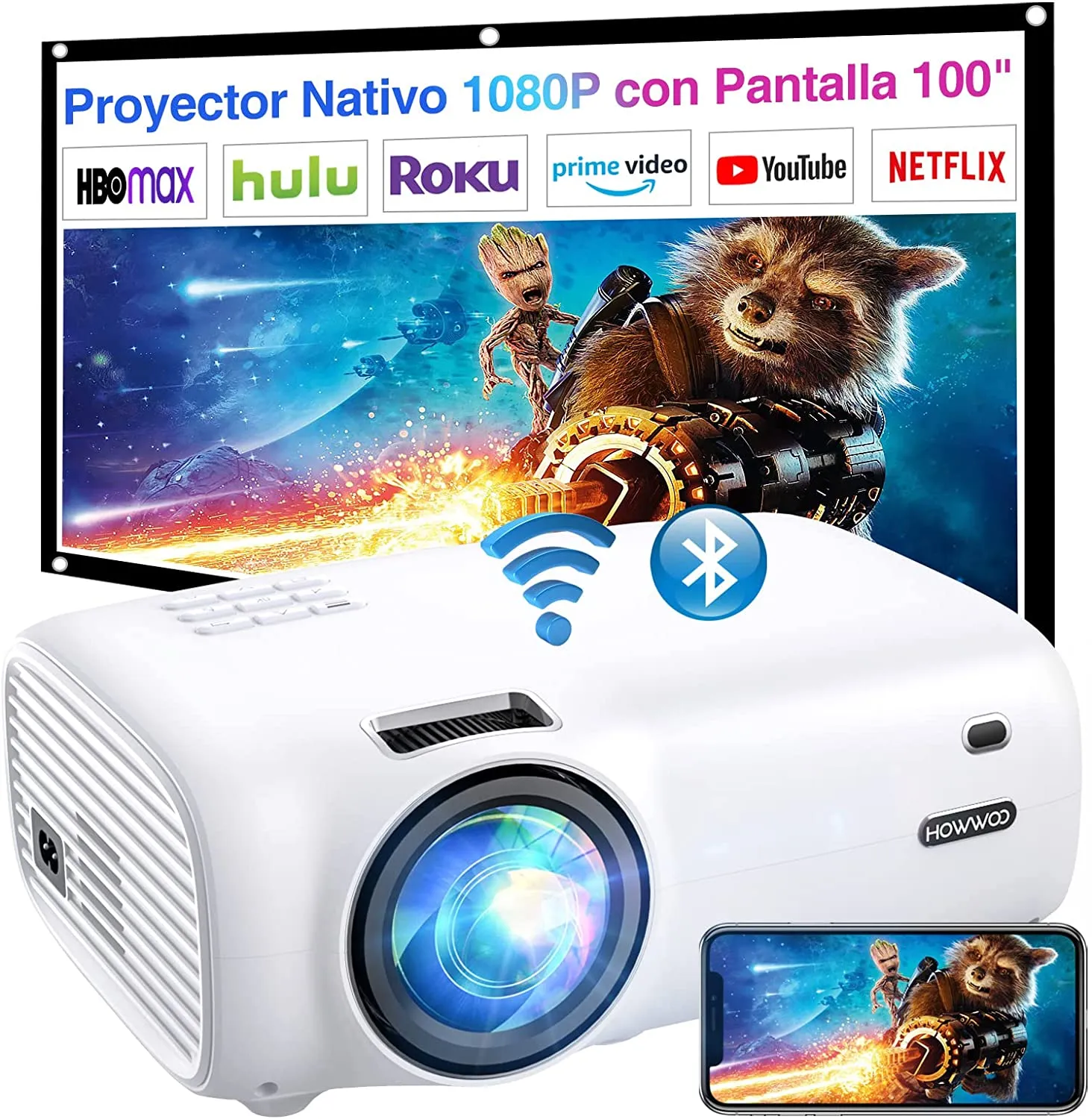 Videoproiettore WiFi 8500 Lum, HOWWOO Mini Proiettore Native 1080P, Proiettore Portatile con Schermo da 100 e Schermo Max 300, p