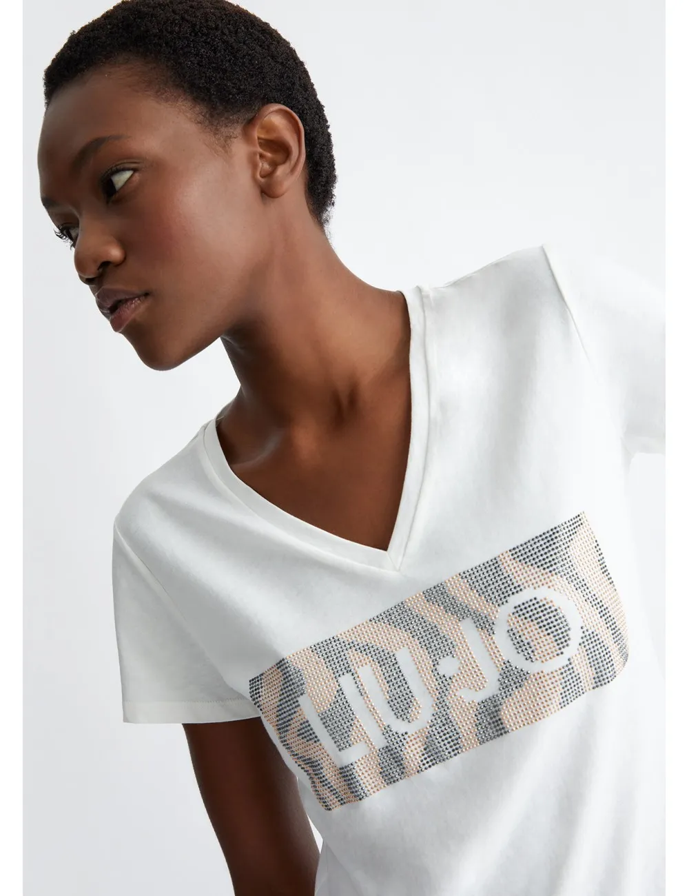 WA4019 T SHIRT DONNA CON LOGO E STRASS LIU JO SCOLLO V MAGLIA MAGLIETTA WOMAN
