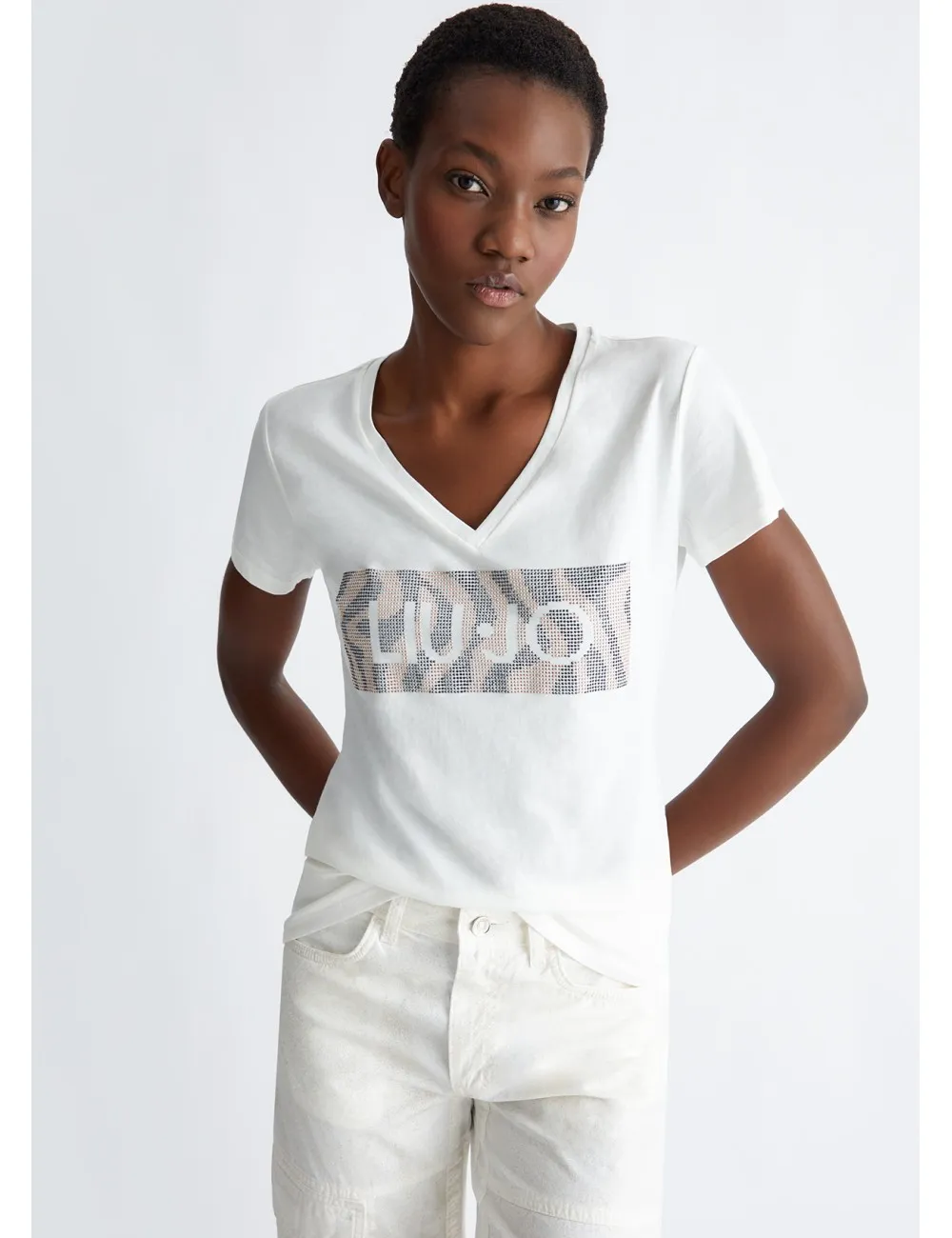 WA4019 T SHIRT DONNA CON LOGO E STRASS LIU JO SCOLLO V MAGLIA MAGLIETTA WOMAN