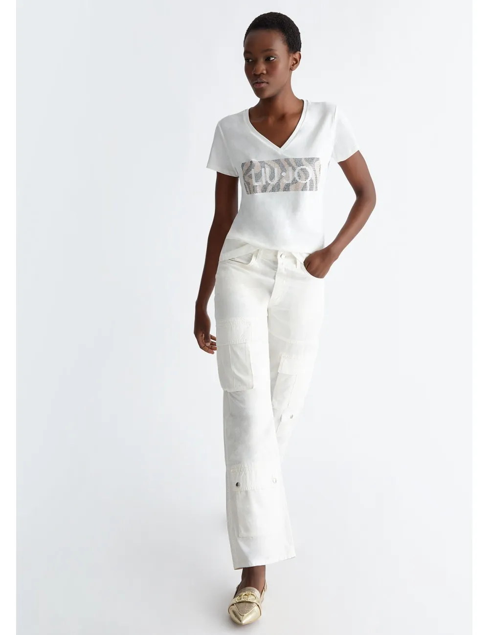 WA4019 T SHIRT DONNA CON LOGO E STRASS LIU JO SCOLLO V MAGLIA MAGLIETTA WOMAN