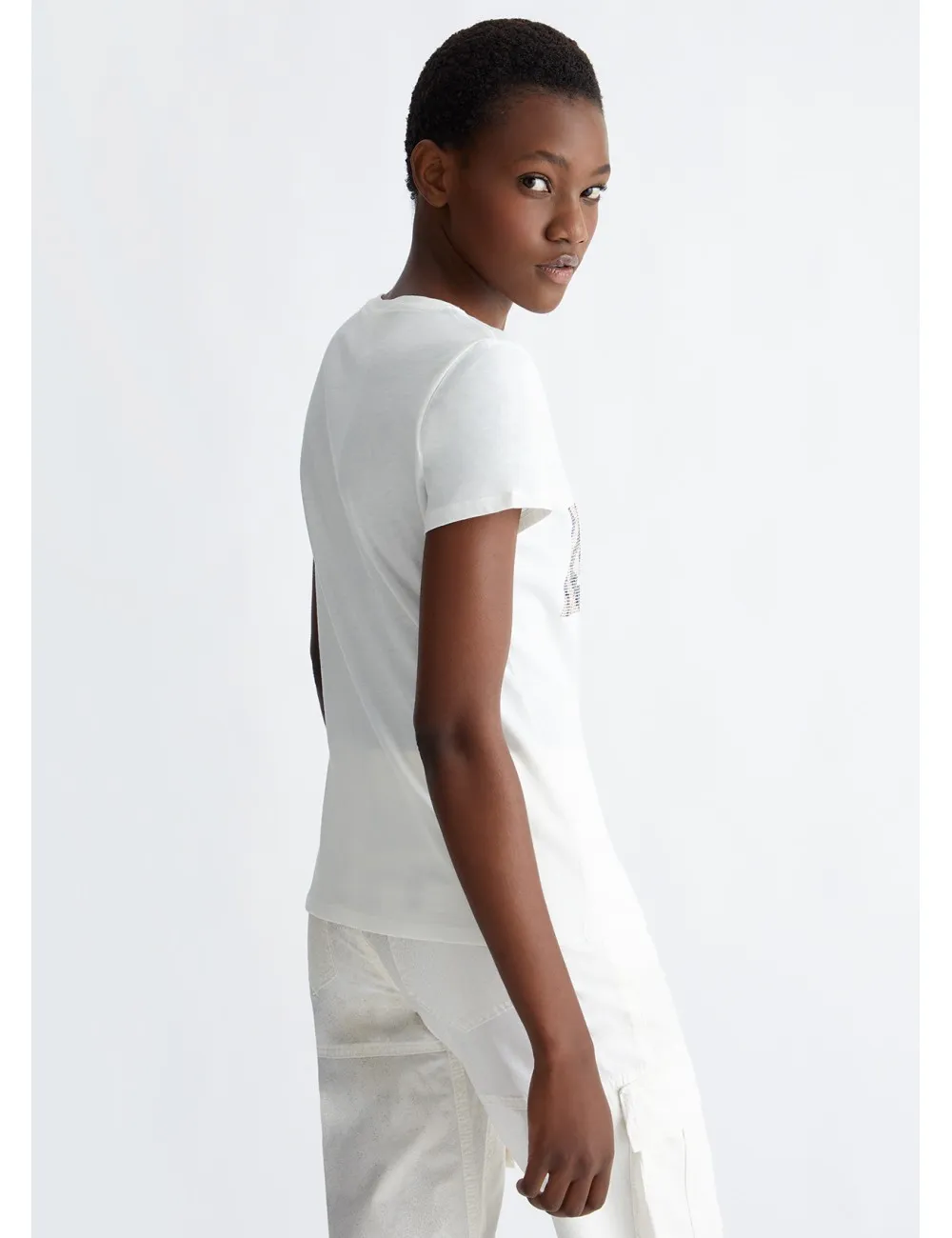 WA4019 T SHIRT DONNA CON LOGO E STRASS LIU JO SCOLLO V MAGLIA MAGLIETTA WOMAN