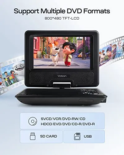YOTON Lettore DVD portatile da 9,5 per bambini con schermo girevole HD da 7,5, con altoparlante stereo, 1.8m Caricatore per Auto