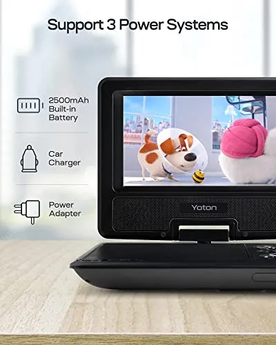 YOTON Lettore DVD portatile da 9,5 per bambini con schermo girevole HD da 7,5, con altoparlante stereo, 1.8m Caricatore per Auto